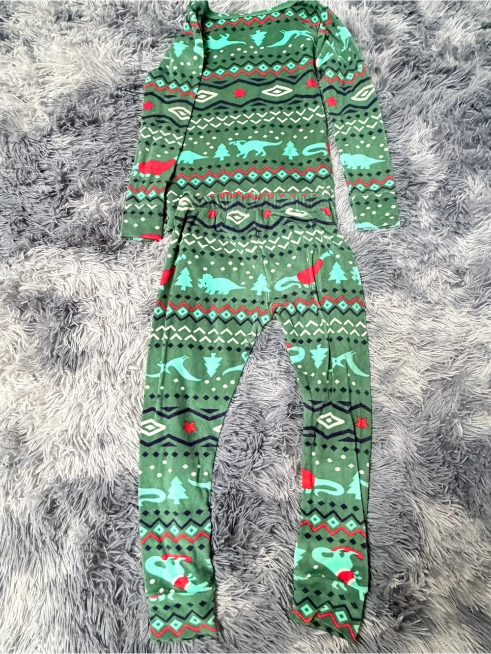 Boys 4T Green Dino Print Pajama Set Velour Cozy Holiday Dinosaur theme matching